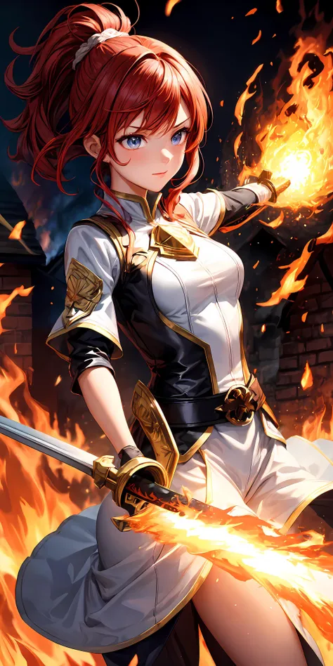 1girl,red hair, flaming eye, sword, holding sword, flames, burning houses, glowing, sidelighting, wallpaper,