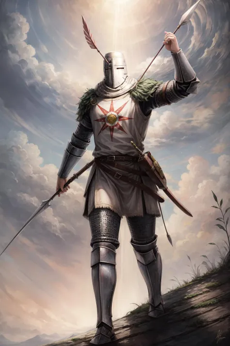 a painting of a knight with a sword and a shield