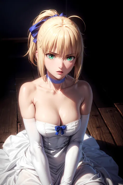 3d,best quality, masterpiece,<lora:saber_v1:0.9>, phSaber, phAltoria, 1girl, gloves, elbow gloves, choker, white dress, official alternate costume, breasts, collarbone, ponytail, white gloves, cleavage,  strapless dress, bow, bare shoulders, short hair, pa...