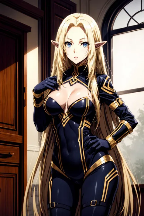 Alpha <lora:Alpha - NOxT:0.7> elf, young beautiful woman, (blonde hair, long hair), blue eyes, bodysuit