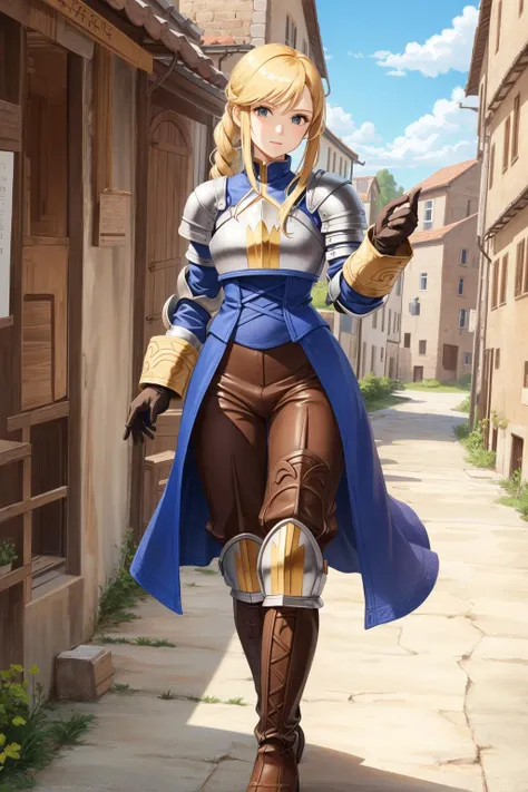 masterpiece, best quality, agrias, armor, blue dress, brown gloves, pants, cross-laced boots, walking, medieval village, looking at viewer <lora:agrias-nvwls-v3-000012:0.9>