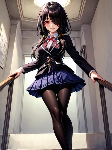 masterpiece, best quality,  ultra-detailed, (1girl), beautiful detailed eyes, looking at viewer, black hair, bangs, red eyes, medium breasts, wide smile,
black school uniform, school badge, five stairs to up, railing in the background,
standing on stairs, ...