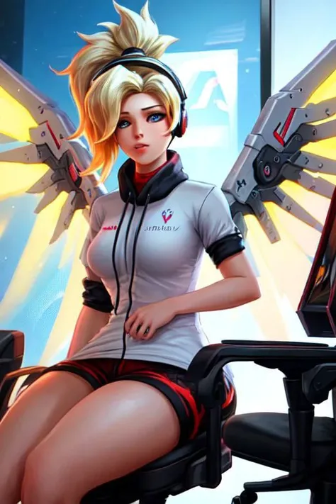 Mercy_overwatch,gamer girl,casual clothes,shirt,shorts, headphones,blue eyes, blonde hair, high ponytail, mechanical wings closed, sitting on chair,gaming setup_background,best quality, rendering