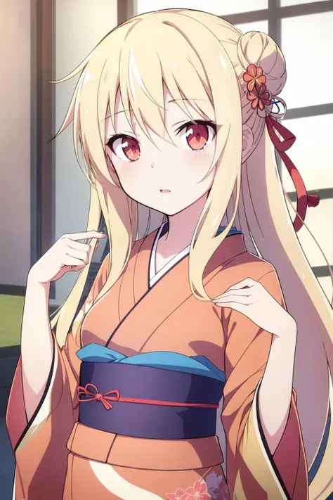 shiina mashiro, 1girl, blonde hair, solo, japanese clothes, kimono, looking at viewer, single hair bun, red eyes, sash, hair bun, obi, hair ornament, long hair, upper body, sidelocks, floral print, hair stick, <lora:shiina_mashiro-v3:0.75>