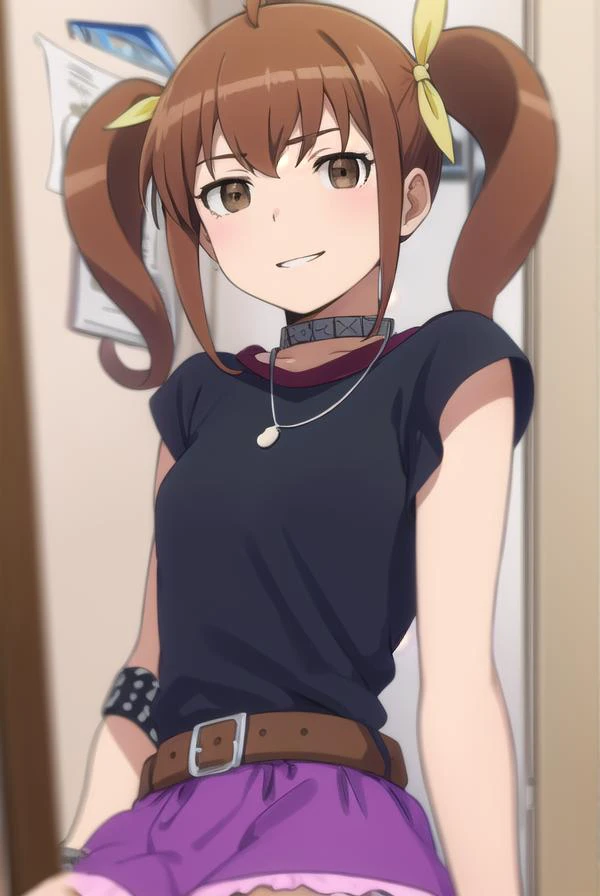 kanaokurusu, <lora:kanao kurusu s2-lora-nochekaiser:1>,
kanao kurusu, brown hair, ribbon, twintails, (brown eyes:1.5), hair ribbon, ahoge, smile, grin,
BREAK jewelry, necklace, collar, bracelet, shirt, black shirt, belt, skirt, purple skirt,
BREAK indoors,...