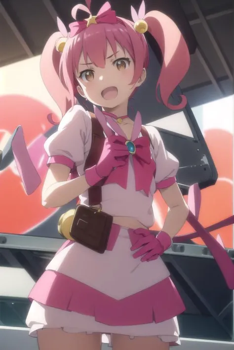 meruru, <lora:meruru s2-lora-nochekaiser:1>,
meruru, twintails, pink hair, ahoge, hair bow, (brown eyes:1.5), smile, open mouth,
BREAK skirt, gloves, bow, cosplay, magical girl, frills, puffy sleeves,
BREAK outdoors, city, 
BREAK looking at viewer, (cowboy...