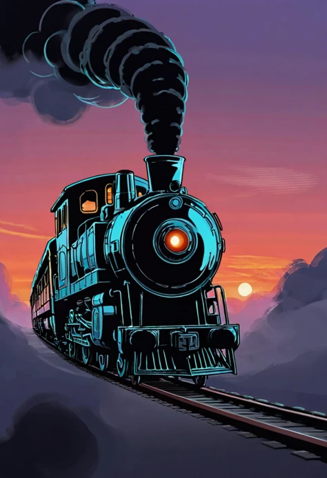 In this vector cartoon illustration style, we see a train moving through the misty dawn. The train is depicted as a steel serpent with its rhythmic heartbeat. The trains wheels are turning steadily, creating a soothing sound that echoes through the landsca...