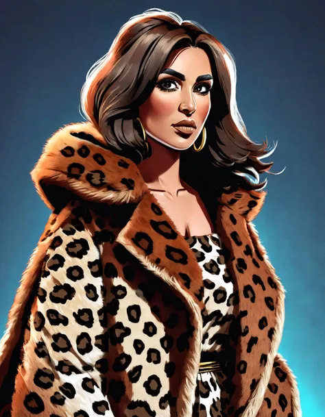 A vector cartoon illustration style, a character photo portrait of a Pathan woman with brunette hair Showcasing an oversized, faux fur coat with a bold animal print, layered over a body-hugging mini dress, unsplash, light and space, dramatic light on face,...