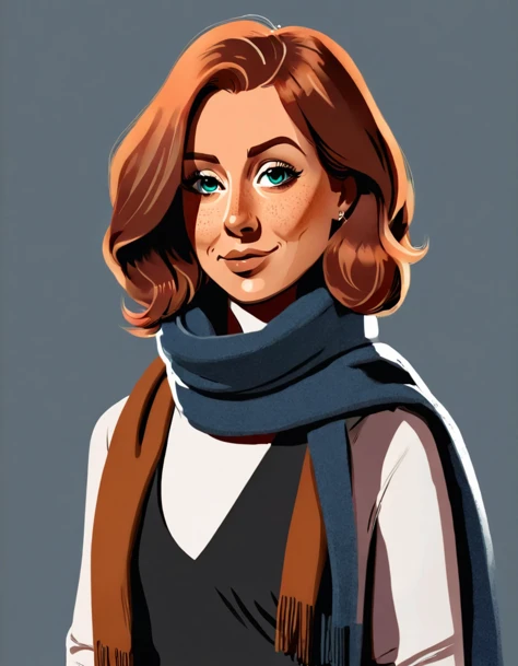 A vector cartoon illustration style, a character photo portrait of a Canadian woman with rust hair Showcasing a statement, oversized wool scarf over a sleek shift dress., a character portrait by Matej Sternen, pexels contest winner, tonalism, backlit portr...