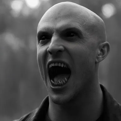 cinematic film still of Horror-themed, <lora:black sclera v2:1>
a demonic bald vampire creature male with a large vampire mouth and a big grin,solo,open mouth,simple background,1boy,monochrome,greyscale,male focus,teeth,sharp teeth,realistic,bald,horror (t...