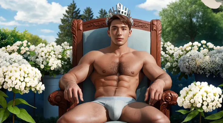 masterpiece, A 28-year-old man, Look at the audience, Bulge underwear, Outdoor, (Light blue sky:0.8), Clouds, Garden, (White flowers:1.1), A flowering tree, Sit on the throne, Wear a crown, Mid-range, Male pubic hair, textured skin, high details, best qual...