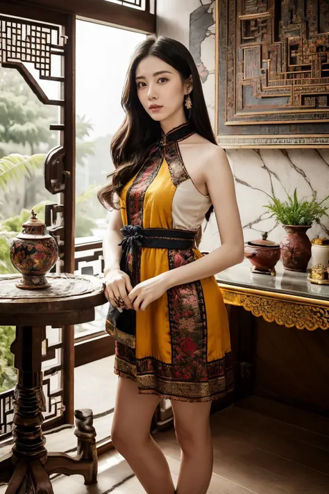 Tibetan-style interior design,1girl,,standing,blonde hair,center parted long hair,realistic,masterpiece,high detailed skin,wearing random dress,looking at viewer,outdoor view,solo,
<lora:Velvet_cheongsam_By_Stable_Yogi:0.8>,sapphire velvet cheongsamscenery...