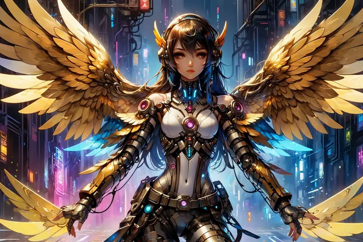 a woman with wings standing in a city at night