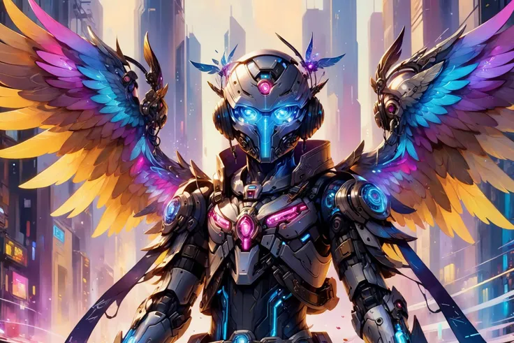 a close up of a robot with wings on a city street