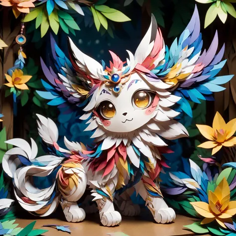 there is a paper sculpture of a cat with colorful leaves