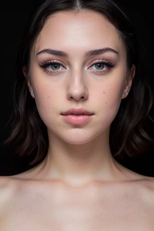 a woman with a black top and a black background