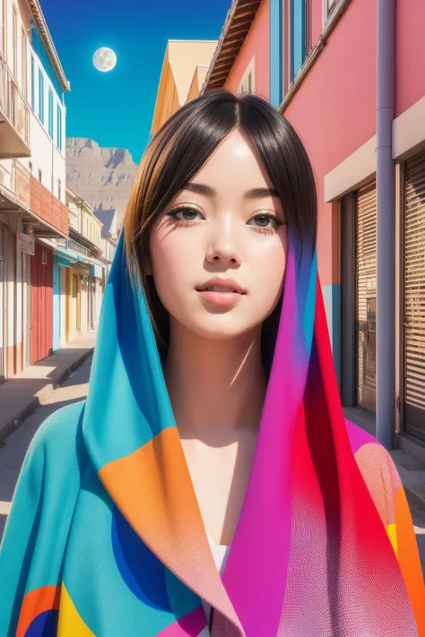 a woman with a colorful scarf on her head standing in front of a building