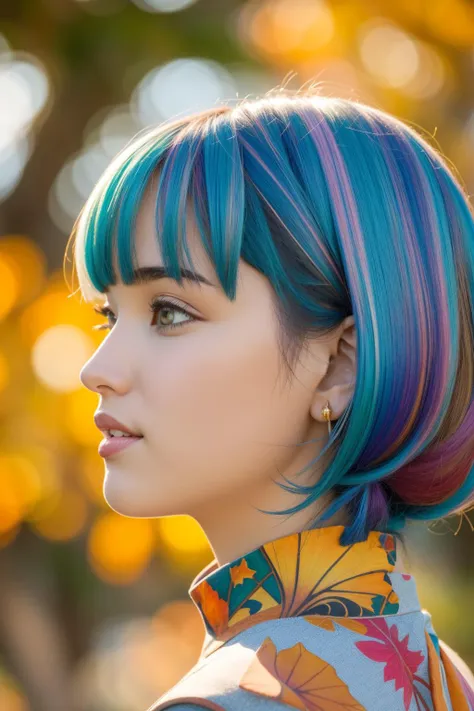 a woman with a colorful hair and a colorful shirt