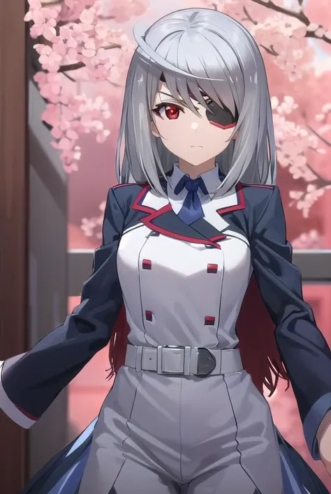 laurabodewig, <lora:laura bodewig s2-lora-nochekaiser:1>,
laura bodewig, long hair, (red eyes:1.3), grey hair, eyepatch,
BREAK school uniform, ribbon, blue ribbon, long sleeves, (red trim:1.2), uniform, military uniform, (white military uniform:1.5),
BREAK...