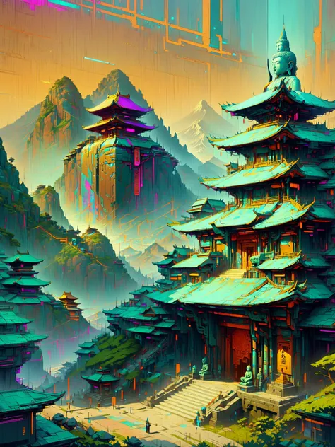 mountain range, temple, buddha statue, mad-cybrpnkimprss, natural color palette, cyberpunk, impressionism, (masterpiece:1.2), best quality, (hyperdetailed, highest detailed:1.2), high resolution textures