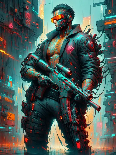 man holding gun, dynamic pose, mad-cybrpnkimprss, black and red, cyberpunk, impressionism, (masterpiece:1.2), best quality, (hyperdetailed, highest detailed:1.2), high resolution textures