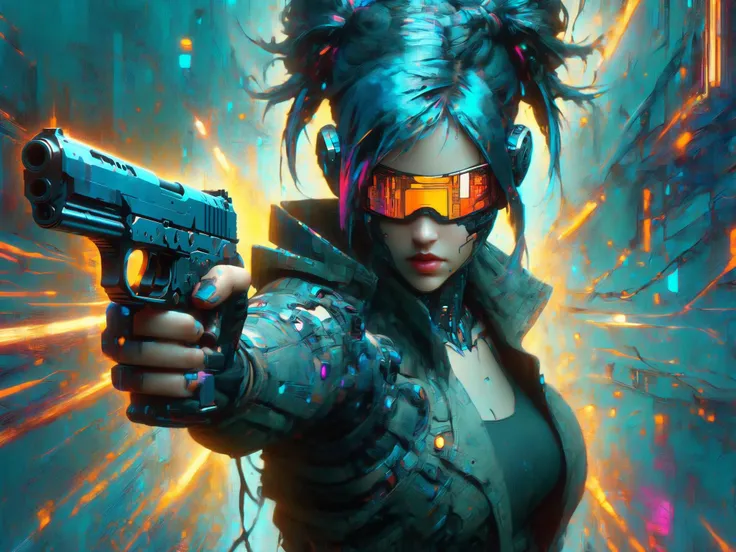 woman holding gun, dynamic pose, mad-cybrpnkimprss, cyberpunk, impressionism, (masterpiece:1.2), best quality, (hyperdetailed, highest detailed:1.2), high resolution textures