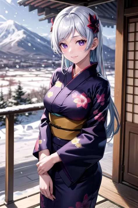 (masterpiece, best quality, detailed), 1girl, solo, looking at viewer <lora:freya_(danmanchi)_v2:0.7> aafreya, long hair, hair ornament, swept bangs, purple eyes, 
yukata, kimono, obi, print kimono, japanese clothes, outdoors, winter, mountain, snow, bare ...