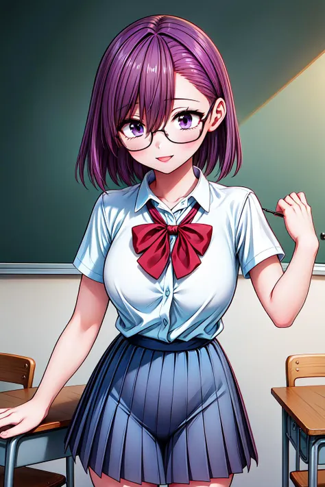 anime girl in school uniform standing in front of a chalkboard