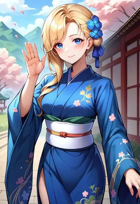 a woman in a blue kimono is waving her hand