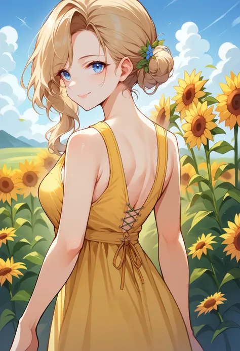 a woman in a yellow dress standing in a field of sunflowers