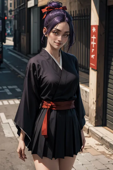 masterpiece, best quality, high quality, highres, ultra-detailed, photorealistic,
blsenna, purple hair, hair ribbon, black kimono, black skirt, sash, furrowed brow, looking at viewer, light smile, 
<lora:blsenna-nvwls-v1:0.8>