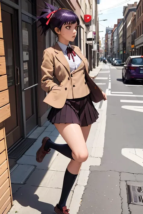 arafed woman in a school uniform is posing on the sidewalk