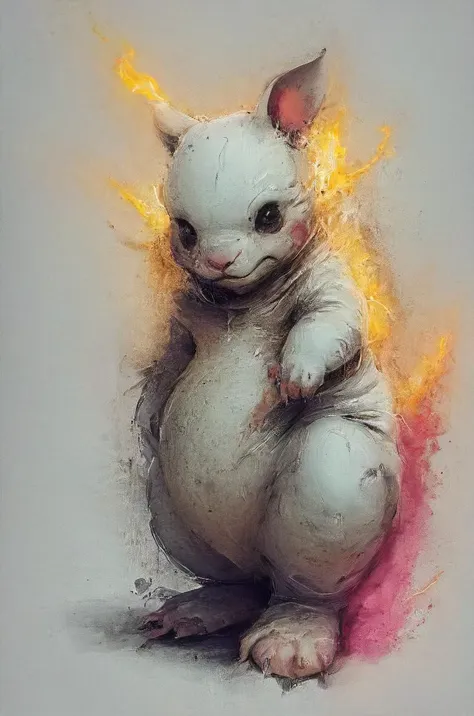 a painting of a white cat with yellow eyes and a pink tail