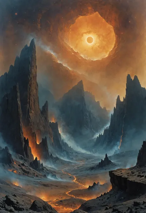 a painting of a mountain landscape with a sun in the sky