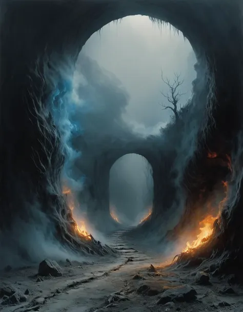 a dark cave with a fire inside of it