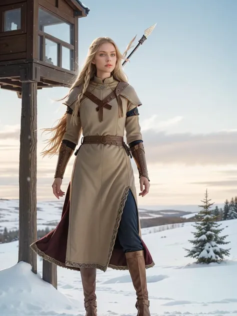 an armed female Viking warrior, long think blonde hair moved by the wind, standing on a medieval watch tower, windy winter noon, fantasy illustration