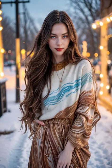 Photographic portrait, cute young slender woman, pale skin, (absurdly long wavy chocolate hair ), seducing pose, (wearing (Colorful Marbled Paper:1.2) sweater). winter outdoor, warm colors, RAW candid cinema, 16mm, ultra realistic, captured on a (Nikon D85...