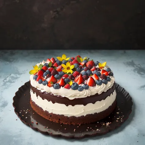 <lora:LowRA:0.3>, A layer cake made out of a stratographic cross-section of the Sonoran Desert, rough cake texture, melt chocolate cover, colorful gummies, vanilla or almond extract, creamy cream cheese frosting, decorated with fresh fruit, edible flowers,...