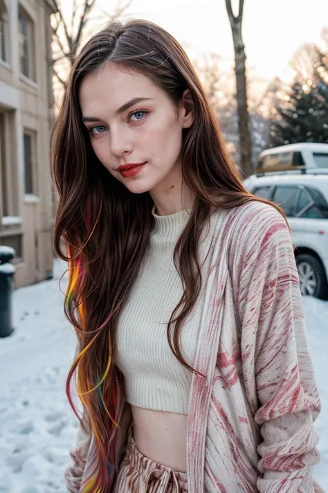 Photographic portrait, cute young slender woman, pale skin, (absurdly long wavy chocolate hair ), seducing pose, (wearing (Colorful Marbled Paper:1.2) sweater). winter outdoor, warm colors, RAW candid cinema, 16mm, ultra realistic, captured on a (Nikon D85...