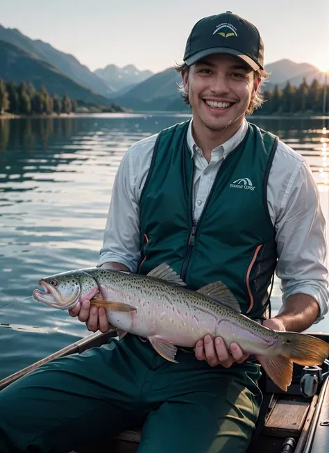 Camera Angle: (Eye-level shot capturing a 23-year-old man seated on a boat, proudly displaying a rainbow trout Oncorhynchus mykiss that he caught while engaged in fly fishing on a serene lake. He is equipped with fly fishing gear and accessories, showcasin...