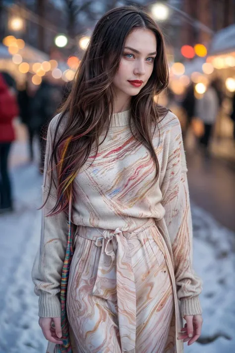 Photographic portrait, cute young slender woman, pale skin, (absurdly long wavy chocolate hair ), seducing pose, (wearing (Colorful Marbled Paper:1.2) sweater). winter outdoor, warm colors, RAW candid cinema, 16mm, ultra realistic, captured on a (Nikon D85...