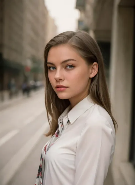 portrait of 1girl irink4, wearing Tie-front blouse, looking at viewer, highly detailed, film grain, vogue photoshoot, 35mm photograph, professional, 4k, highly detailed,  <lora:irink4-s10-n16-a4:0.78>