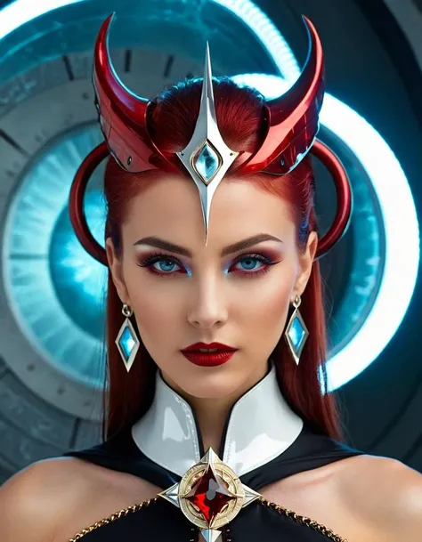 a close up of a woman with red hair and horns on her head