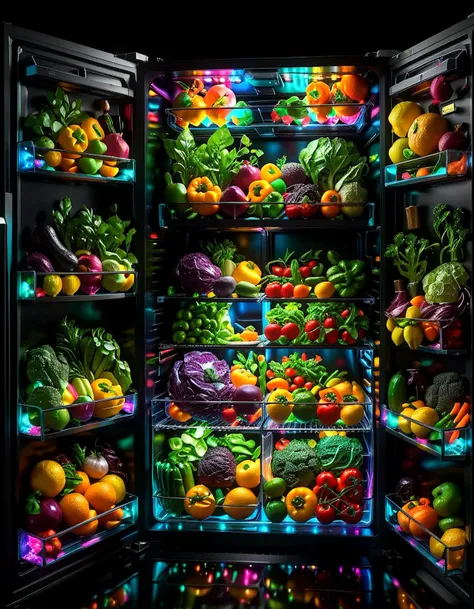 flowerart, extremely detailed, sharp focus, glow inside refrigerator, closeup product shot at night, glowing, specular highlights, rim lighting, solid black background, neon, 8k, shiny fruits vegetables. vibrant,