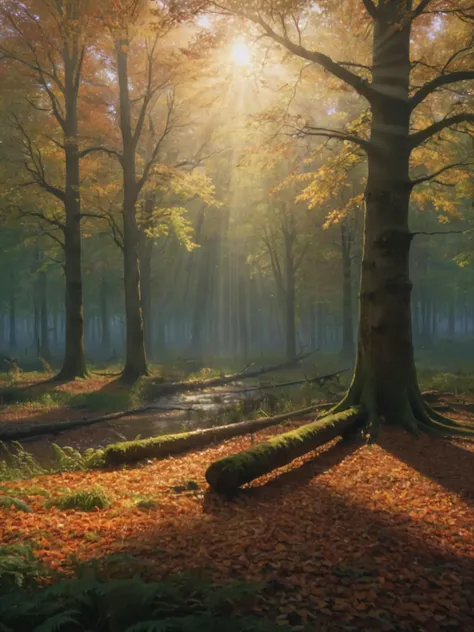 sunlight shining through the trees in a forest with fallen leaves