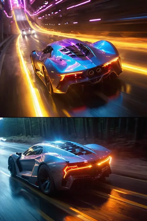 a sci-fi sportscar passing by,  light speed, flash, motion trail, a shining star(sun) in the background, motion blur, epic visual effects, interstellar, flow, detailed, scifi, star blast, dark vibrant colors, cosmic art, stars in background, cinematic scen...