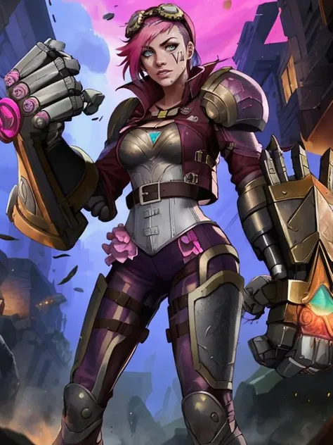 a woman in armor holding a gun and a pink light