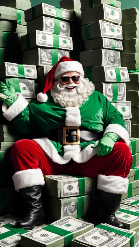 Santa Claus, sitting on huge stacks of money, wearing sunglasses,huge grin, and a green money covered santa suit , <lora:sdxl_quiron_Chritsmas_v3_lora:1> ChristmasQuiron style