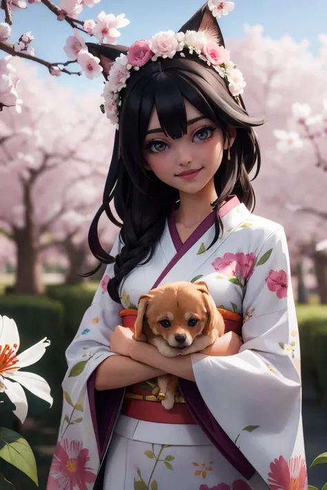 masterpiece, best quality,  1girl,  <lora:balsamique:0.7> balsamique, black hair, hair bun, kimono, floral print, checkered sash, hair ornament, smile, closed mouth, perfect, photogenic, pretty
absolutely everyone, bird, branch, cherry blossoms, everyone, ...