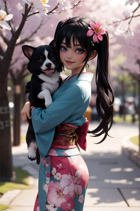 masterpiece, best quality,  1girl,  <lora:balsamique:0.7> balsamique, black hair, twintails,  kimono, floral print, checkered sash, hair ornament, smile, closed mouth, perfect, photogenic, pretty, carrying a fluffy puppy
absolutely everyone, bird, branch, ...